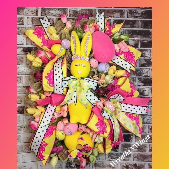 Easter Wreath for Front Door, Flocked Bunny Wreath, Easter decoration, Spring - Picture 1 of 10